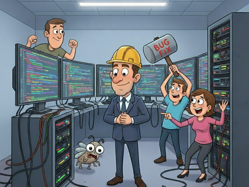 Comedy cartoon-style illustration of the founder holding a hammer marked “BUG TEST,” while the team laughs testing software on big screens