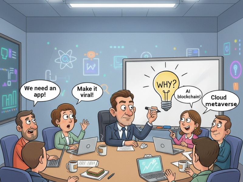 Cartoon-style digital illustration with comedy effects showing the founder listening to clients with a magnifying glass and speech bubbles flying around