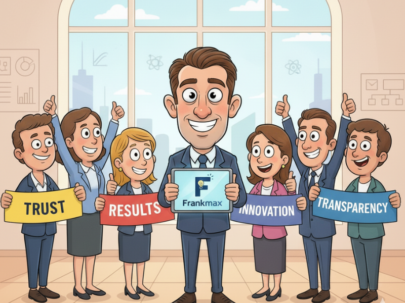 Cartoon-style digital illustration with comedy effects showing happy clients giving thumbs-up while the founder holds a glowing “Frankmax” board