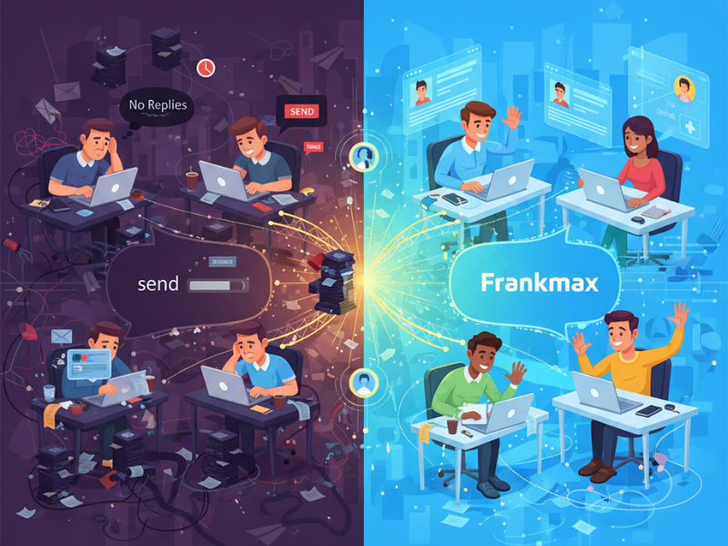 cartoon of tired developers sending emails vs. Frankmax providing direct project flow